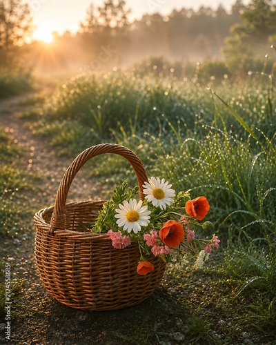 Wicker Basket with Wildflowers on a Dewy Countryside Path at Golden Sunrise, Rustic Floral Still Life with Morning Light, Fresh Nature Landscape and Peaceful Rural Scenery