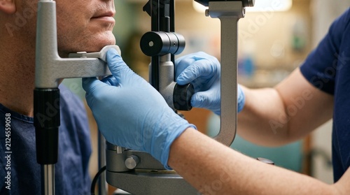 Eye examination at a clinic with a patient and an optometrist in the room during a daytime visit