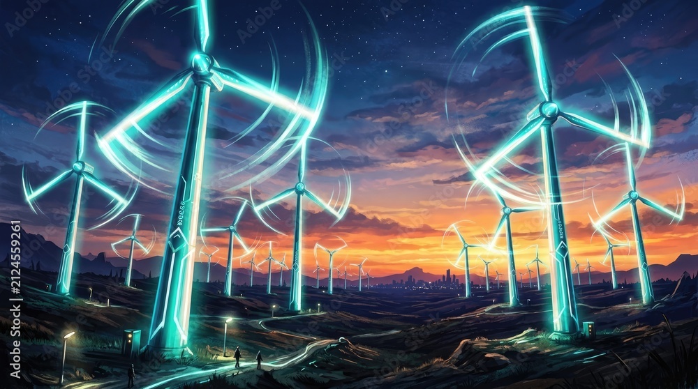 Fototapeta premium Futuristic wind turbine farm at night with glowing blue light patterns on the blades and towers under a dramatic sunset sky in a landscape
