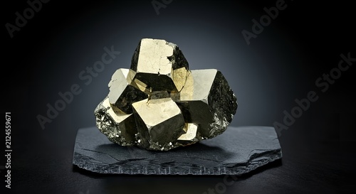 Cluster of pyrite cubes on rough stone base, direct hard light creating metallic highlights, dark background