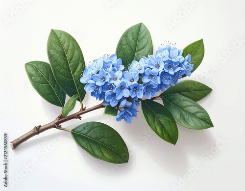 Branch with clusters of delicate blue flowers and vibrant green leaves