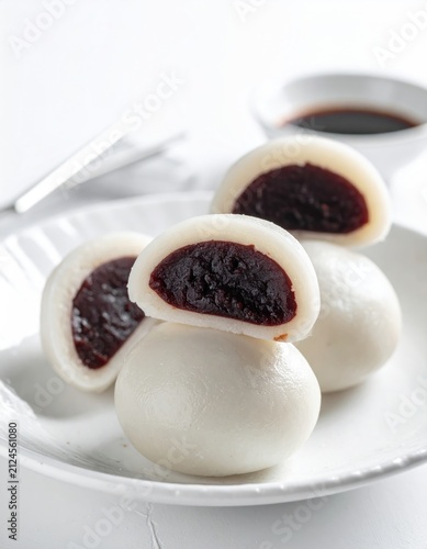 Soft, white mochi spheres reveal a rich, dark red bean paste filling