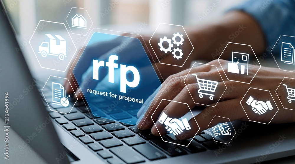 Obraz premium Hands type on laptop with RFP text glowing. Digital icons show business deal process including truck delivery cart handshake and money for company strategy planning.