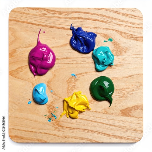 Vibrant colorful paint blobs arranged artistically on a wooden surface