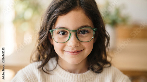 Closeup portrait of a young girl with brown wavy hair wearing green glasses and a white sweater, smiling at the camera