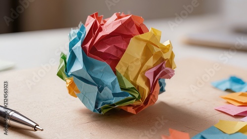Colorful crumpled paper ball on wooden desk surrounded by scattered sticky notes and a silver pen, representing creativity and brainstorming in an office setting