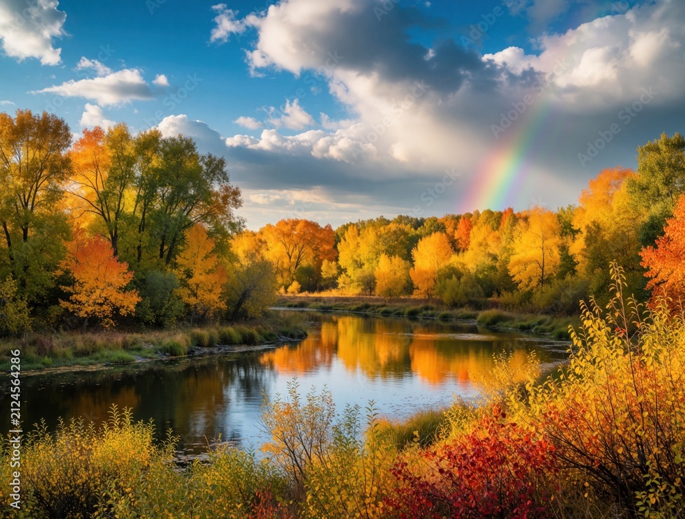Obraz premium Golden autumn forest landscape surrounds calm river water with vibrant colorful trees. Blue sky features white fluffy clouds, bright rainbow over peaceful nature scene. Scenic rural habitat seasonal