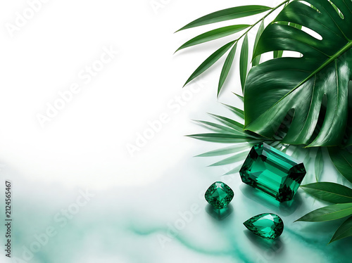 Elegant emerald gemstones positioned beside soft botanical tropical leaves with refined minimalist styling, luxury white background enhanced by subtle emerald gradients