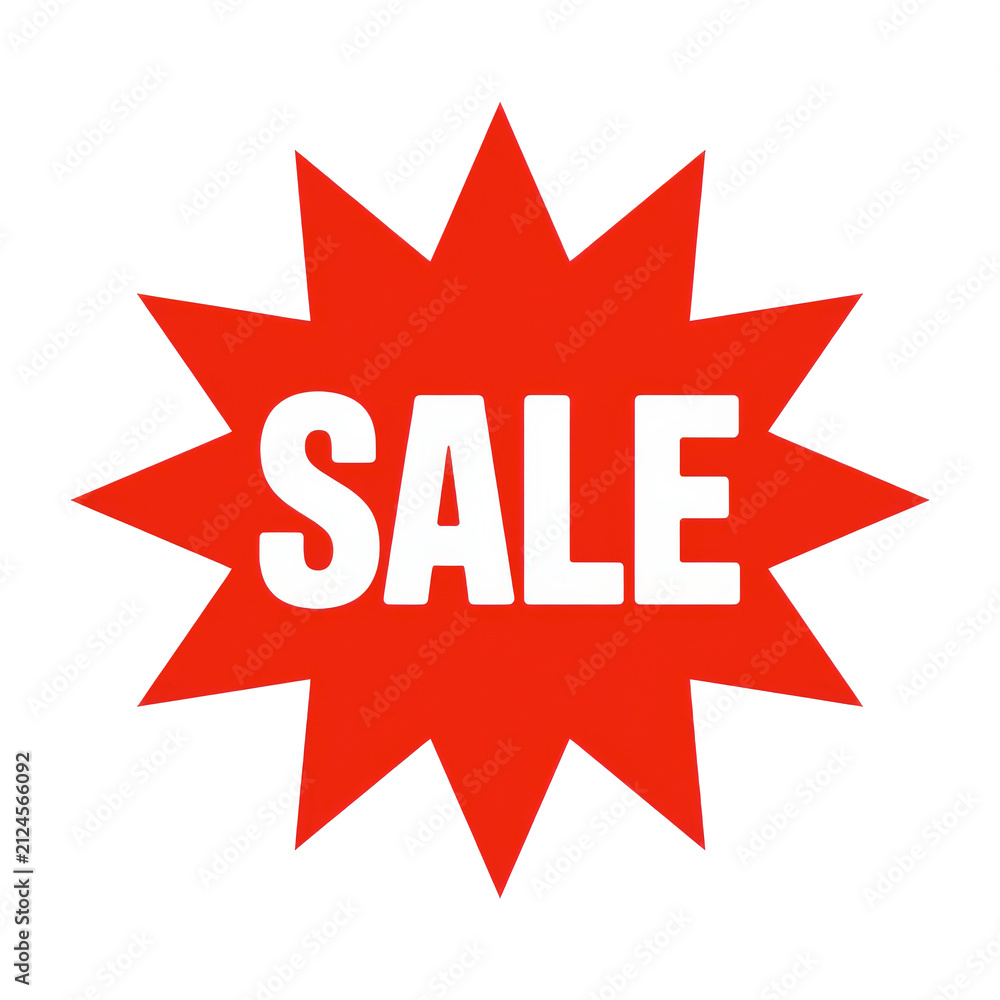 Obraz premium Bright red sale starburst badge with white text isolated on transparent background