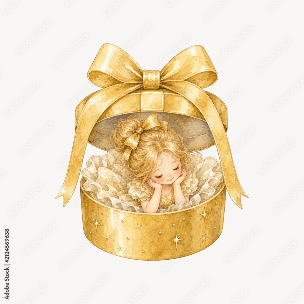 Fototapeta premium Illustration of a child in a golden gift box. Gift box with bow. Child in gift box.