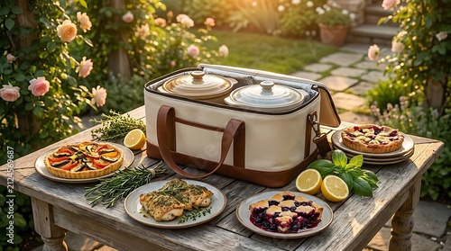 Picnic bag with hot food containers and plates of delicious snacks set on a wooden table in a garden. garden party food carriers