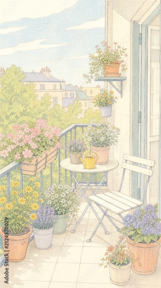 Obraz premium Pastel balcony with flowers, table, and chair. Ideal mobile wallpaper.