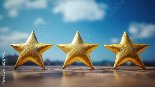 Golden stars stand in a horizontal row on a textured surface under a bright blue sky with soft clouds.