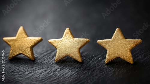 Three golden stars rest on a dark textured surface representing high quality and excellence.