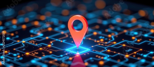 Digital map with glowing circuits and a red location pin highlighting a specific point.