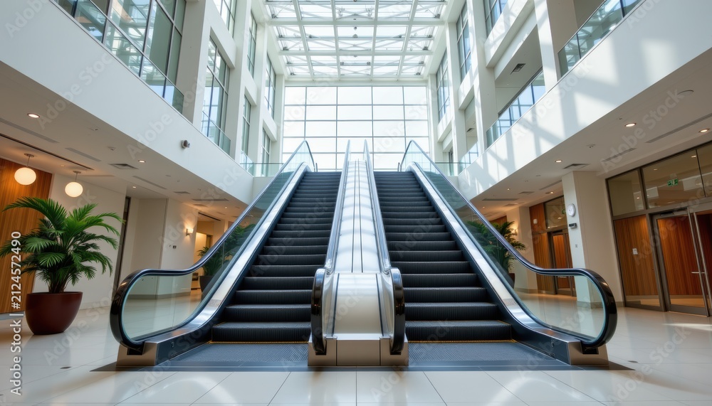 Fototapeta premium Modern indoor escalator in spacious lobby with large windows and natural light