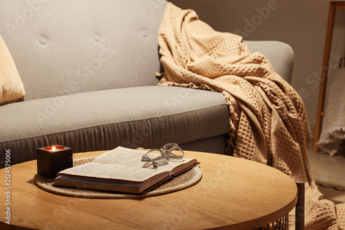 Coffee table and soft plaid...