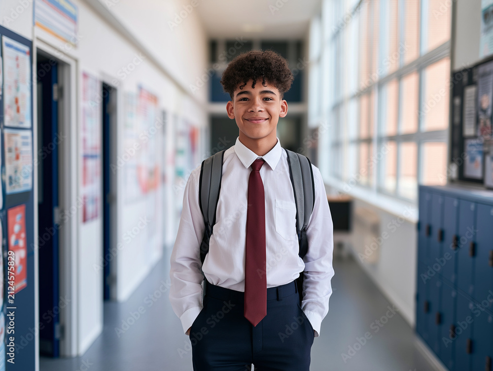 Fototapeta premium Happy schoolboy standing confidently in a modern school hallway