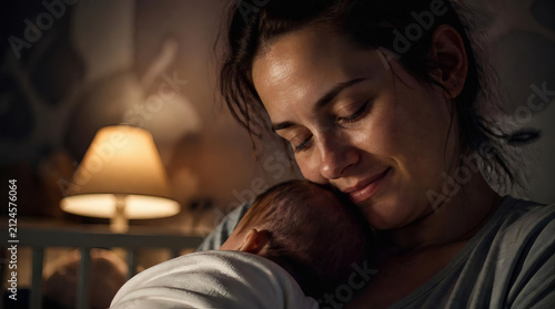 Mother Cradles Sleeping Baby in Gentle Lamplight Showing Maternal Love