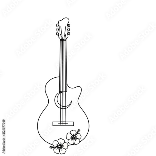 Acoustic Guitar with Hibiscus Flowers and Crescent Moon