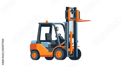 Flat vector illustration of an orange forklift truck. Concept of warehouse logistics, cargo handling, freight loading, and industrial machinery.