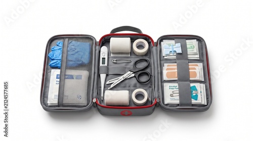 Complete first aid kit with emergency medical supplies on white background