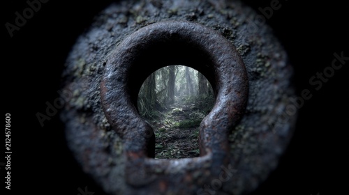 A close-up view through a rusty keyhole, revealing a mysterious forest path bathed in soft, diffused light. The foliage is lush, with dense trees and underbrush visible, creating an inviting yet enig