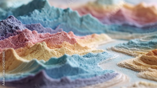 A close-up view of a colorful, sand-like representation of mountain ranges, crafted with finely colored grains. The layered hills showcase a gradient of hues, including pastel pinks, blues, and yello