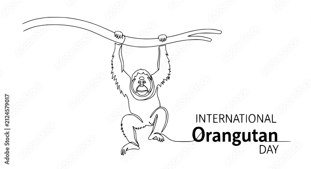 Obraz premium Single Line Drawing of Orangutan Hanging on Branch, International Orangutan Day