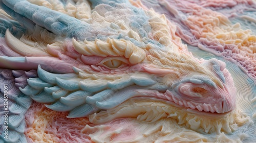 A highly detailed and colorful representation of a dragon's head, crafted with intricate swirling patterns and textures that mimic frosting or delicate icing. The dragon features pale, pastel hues in