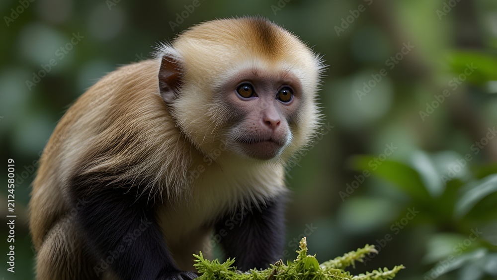 Naklejka premium Young light-colored monkey with dark limbs observing its lush tropical forest environment. Wild primate wildlife.