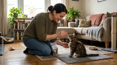 Happy Woman Playing with Kitten in Cozy Living Room Bright Natural Light