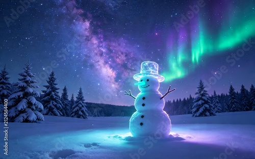 Snowman under vibrant aurora borealis and starry night sky