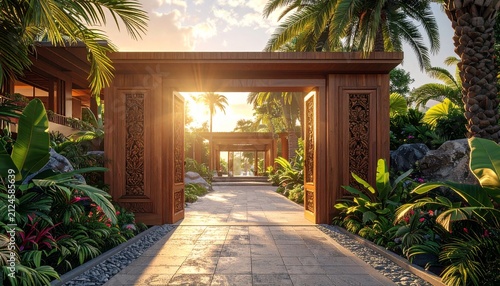 Elegant tropical resort entrance framed by lush gardens and warm golden sunlight, welcoming guests into a luxurious oasis of tranquility, comfort, and natural beauty.
