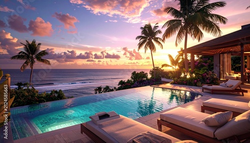 Elegant tropical beachfront villa with an infinity pool, sun loungers, swaying palm trees, and a glowing sunset over the ocean, offering the ultimate luxury island retreat.