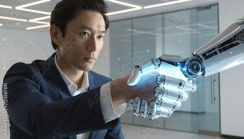 Futuristic handshake between businessman and robot, artificial intelligence collaboration in modern office, cyborg and human partnership, innovative technology and automation concept