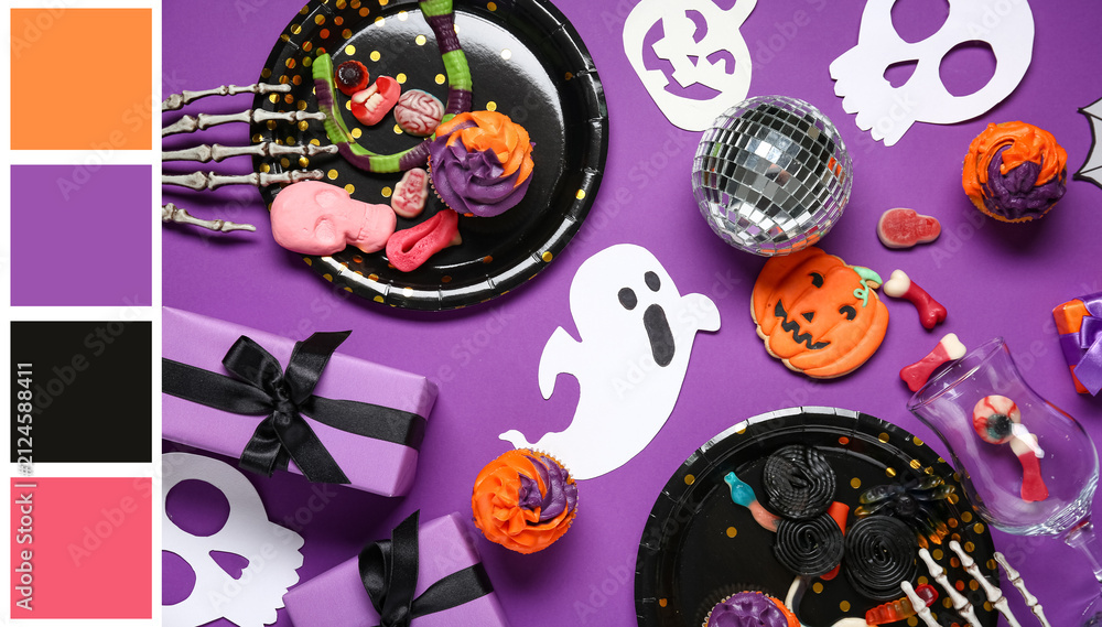Obraz premium Halloween party decorations and treats on purple background