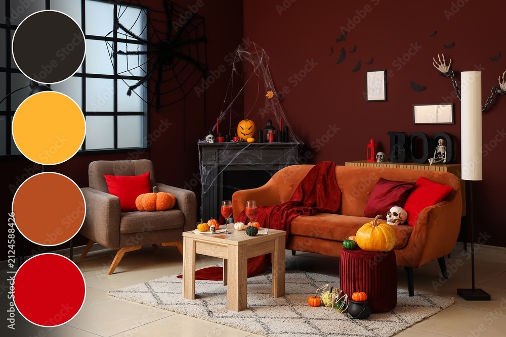 Obraz premium Halloween decorated living room with pumpkins and spooky decor
