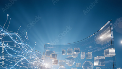 Futuristic digital technology background with glowing fiber optic lines, transparent glass cubes and data particles, abstract blue network connection for cyber security and cloud computing