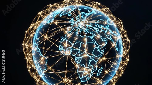 Luminous network lines connecting locations on world map.
