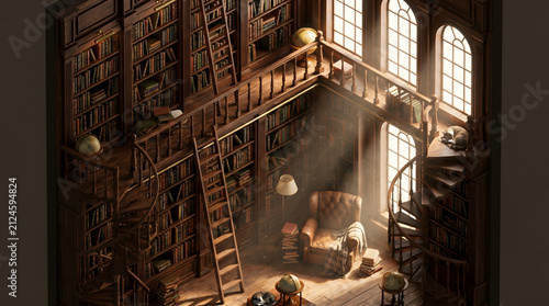 Grand vintage home library with wooden shelves, spiral stairs, and cat sleeping in golden sunbeam