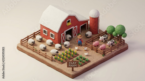 3D isometric clay farm illustration featuring a red barn, farmer, and cute livestock animals.