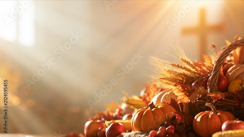 Thanksgiving Harvest Display with Pumpkins and Autumn Fruits in Church Sunlight