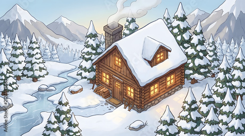Cozy wooden cabin with glowing windows in a snowy winter mountain landscape illustration.