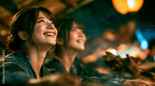 夜の夏祭りを楽しむ浴衣姿の女性たち

