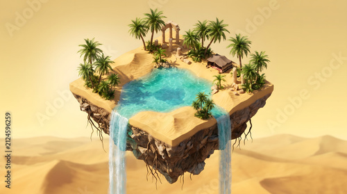 Floating isometric desert oasis island with turquoise water, palm trees, and ancient ruins