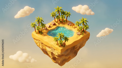 3D isometric floating desert oasis with palm trees and tents surrounding a blue lake under clouds.