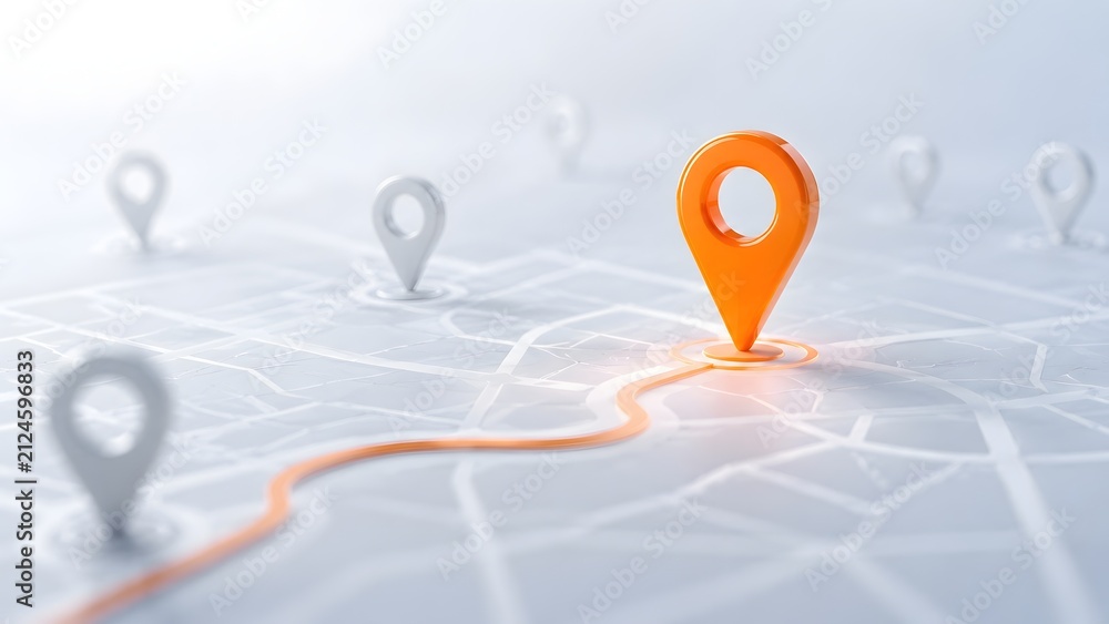 Fototapeta premium Glowing orange 3d location pin marker highlighting a specific route on a digital city map representing GPS navigation, logistics tracking, and global positioning.