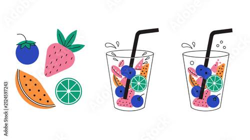 Modern Flat Fruit Drink Illustrations with Straws, Modern flat vector illustrations of healthy fruit drinks showcasing vibrant berries citrus and melon in glasses with straws