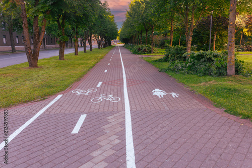 Konstfotografi Tree lined shared path with bicycle and pedestrian symbols